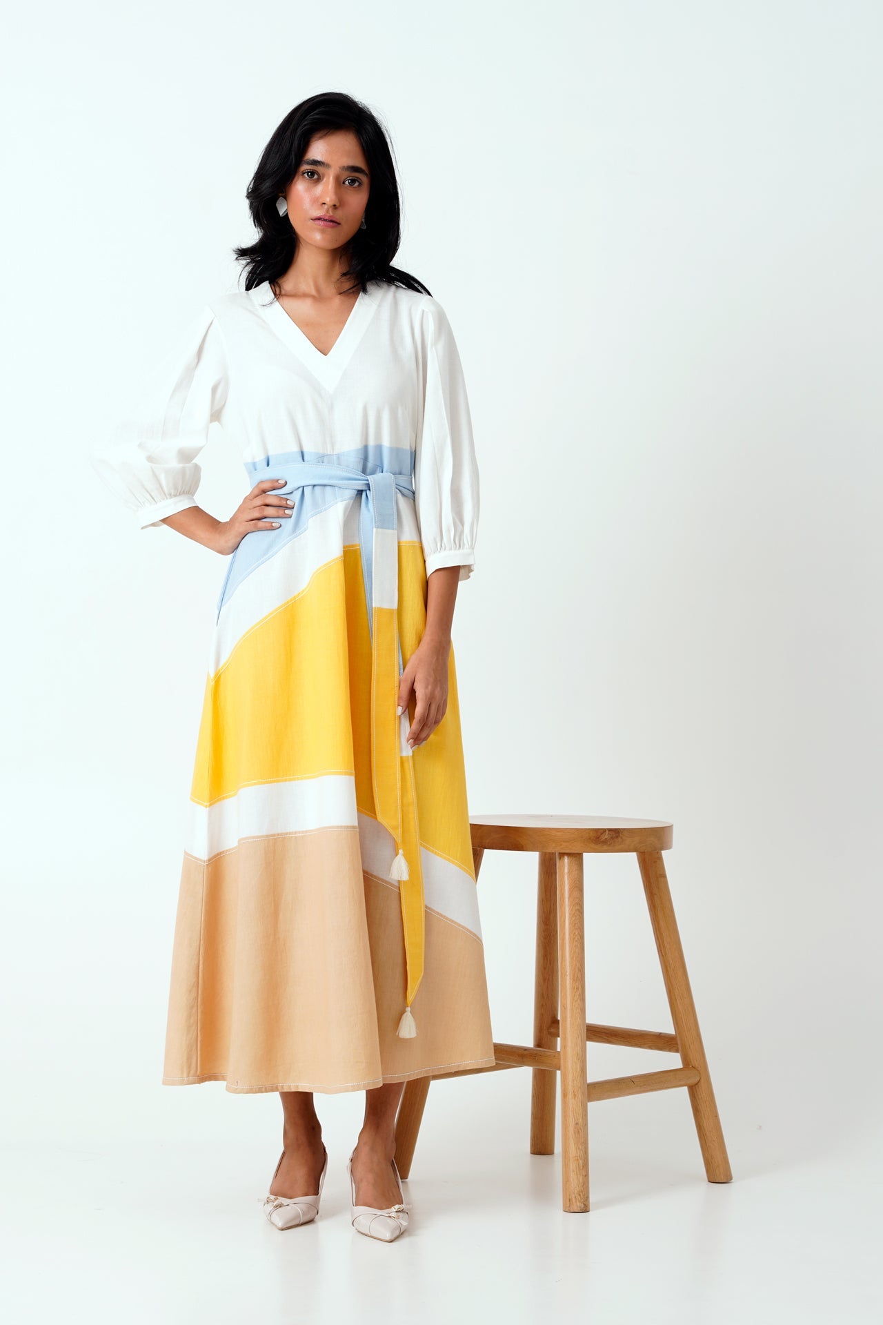 Sahar Multi Panelled Long Dress with Belt