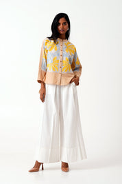 Bask & Pete Latte Panel Appliqued Top & White Pleated Pants