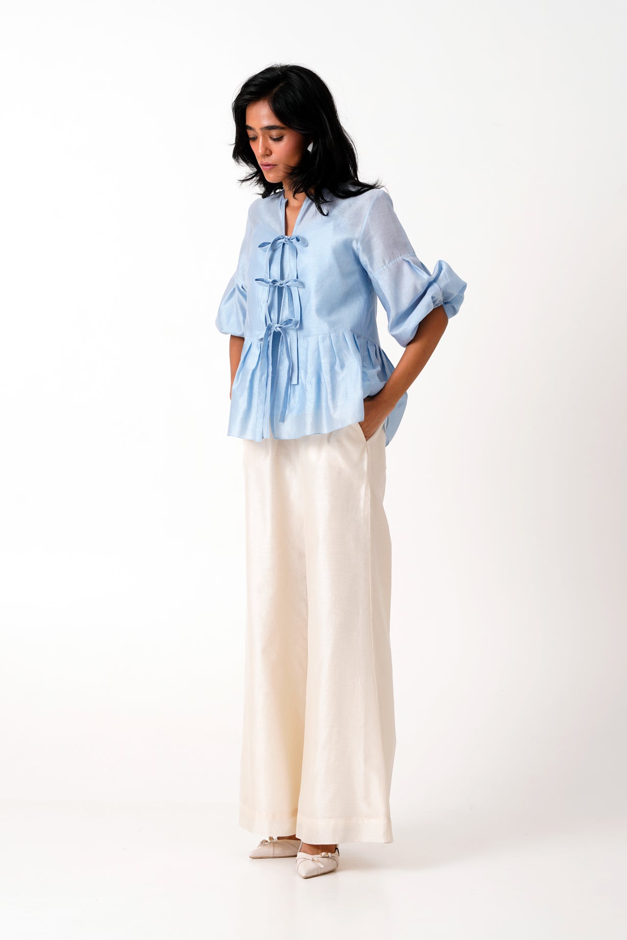 Ice Blue Toni Set Multi Knot Peplum Top with Slip & Pants