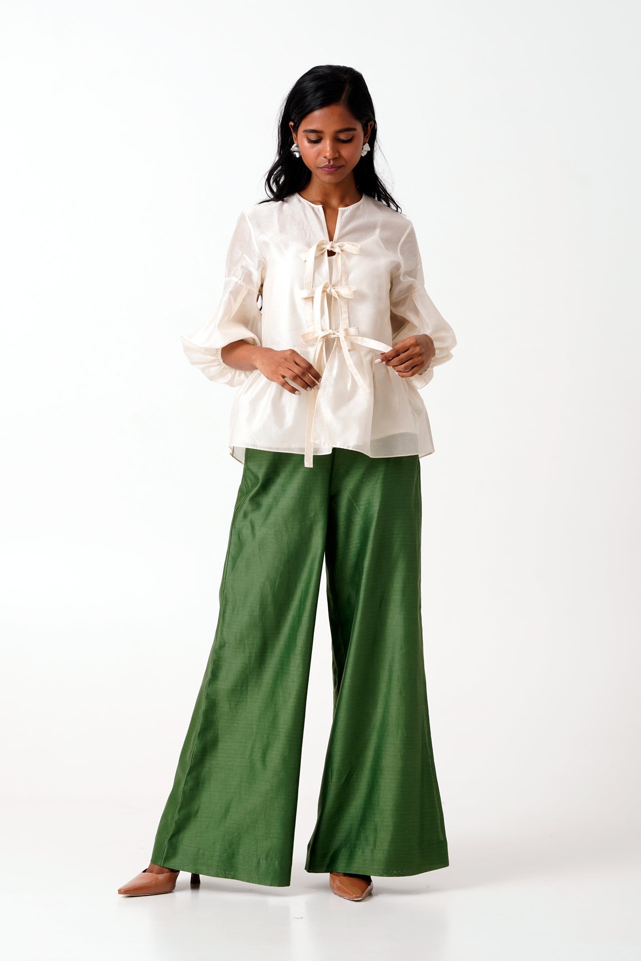 Ivory Toni Set Multi Knot Peplum Top with Slip & Pine Green Pants