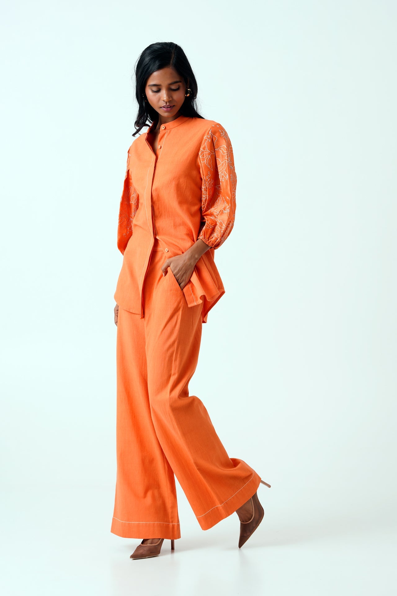 Sunset Orange Oba Set Embroidered Sleeve Top & Pants