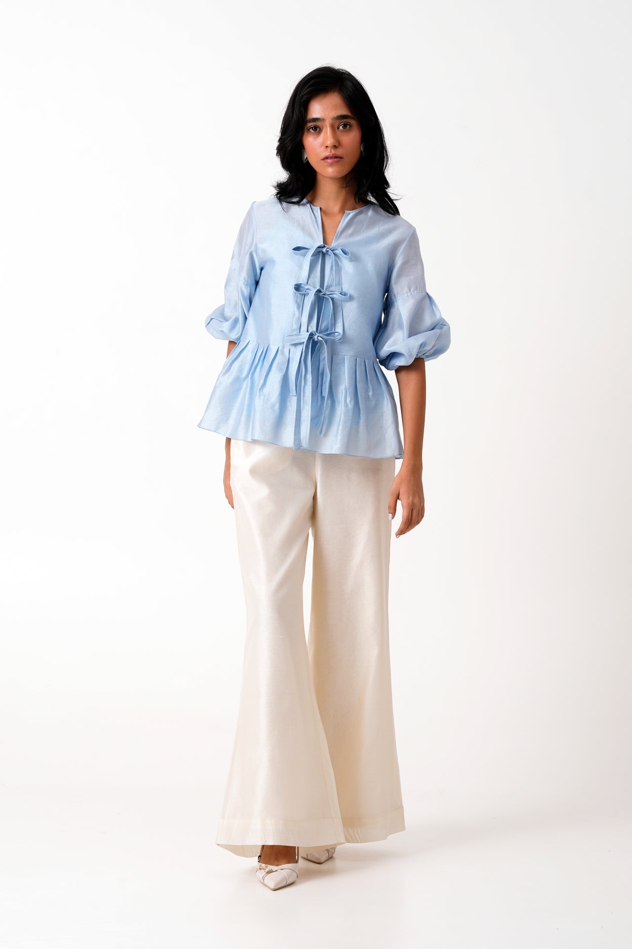 Ice Blue Toni Set Multi Knot Peplum Top with Slip & Pants