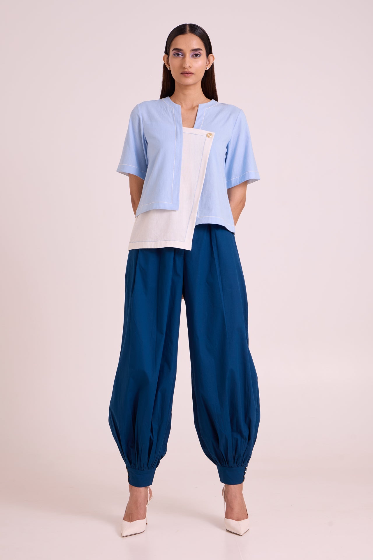 Shelly Panelled Blues Top & Pant Set