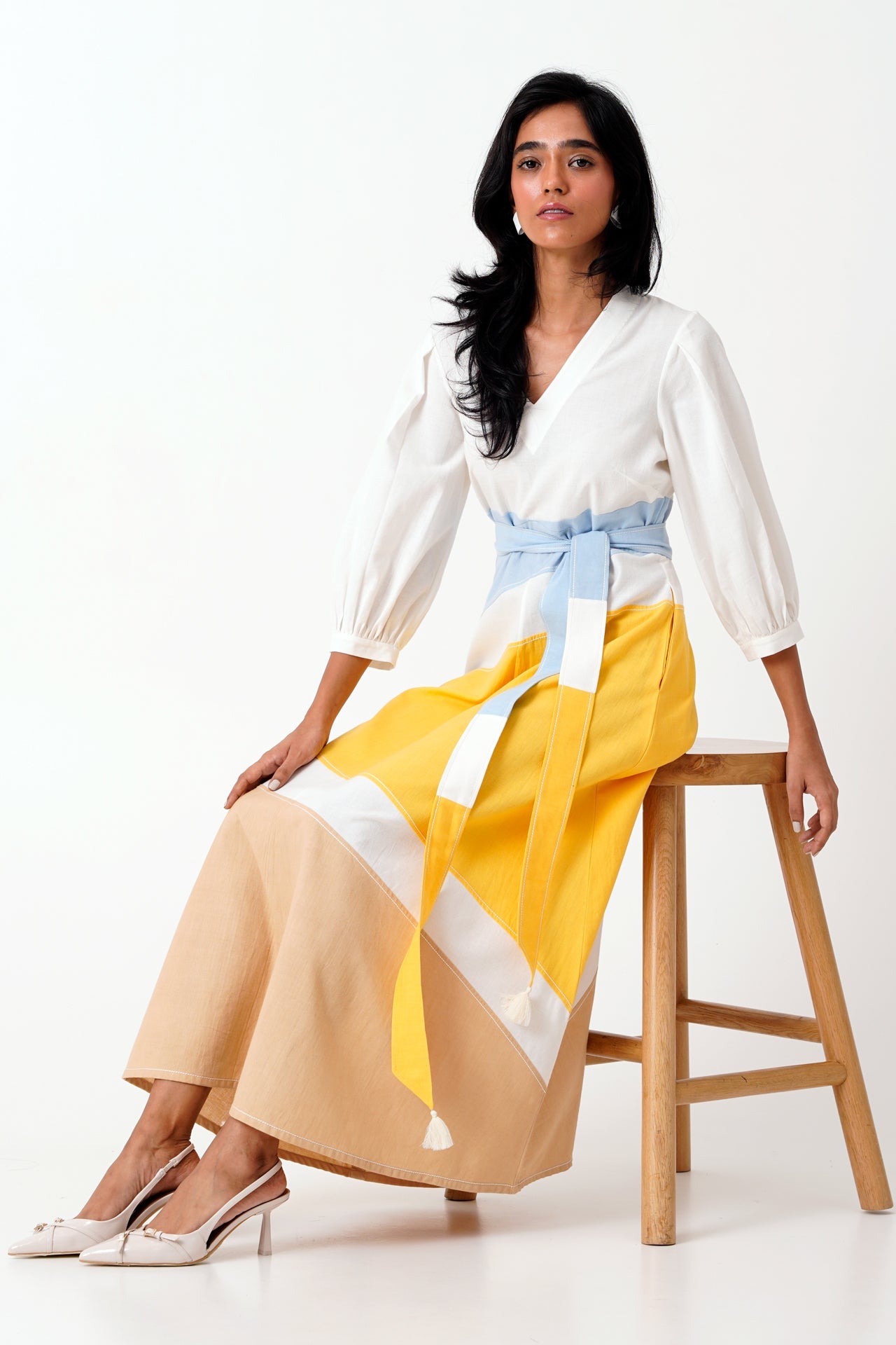 Sahar Multi Panelled Long Dress with Belt