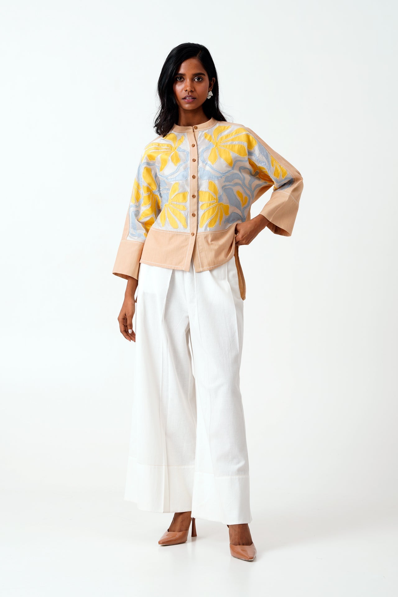 Bask & Pete Latte Panel Appliqued Top & White Pleated Pants