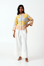 Bask & Pete Latte Panel Appliqued Top & White Pleated Pants
