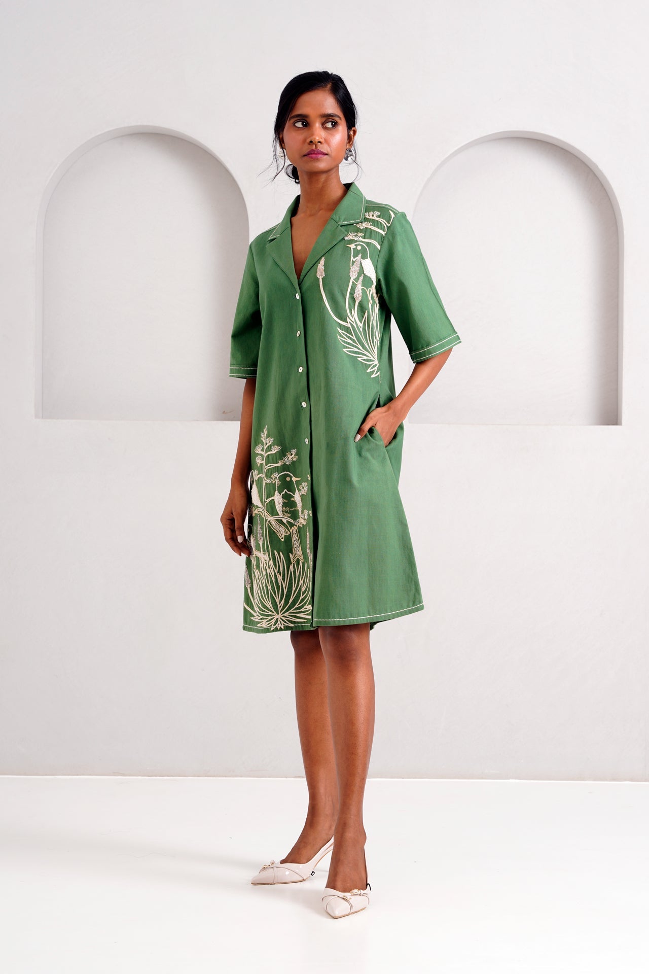 Pine Green Taiwo Embroidered Shirt Dress