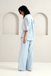 Ice Blue Oba Set Embroidered Sleeve Top & Pants