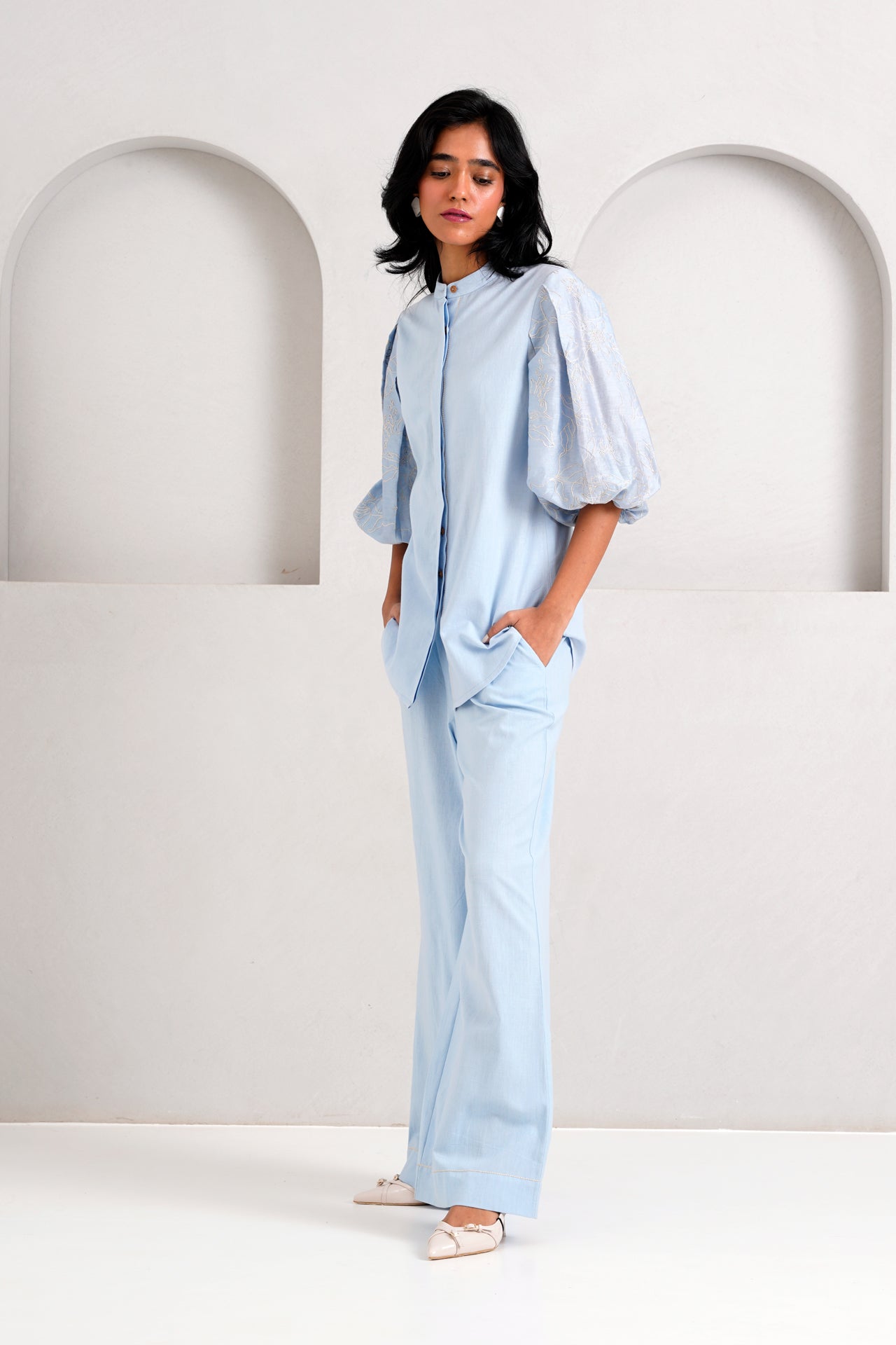 Ice Blue Oba Set Embroidered Sleeve Top & Pants