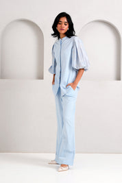 Ice Blue Oba Set Embroidered Sleeve Top & Pants