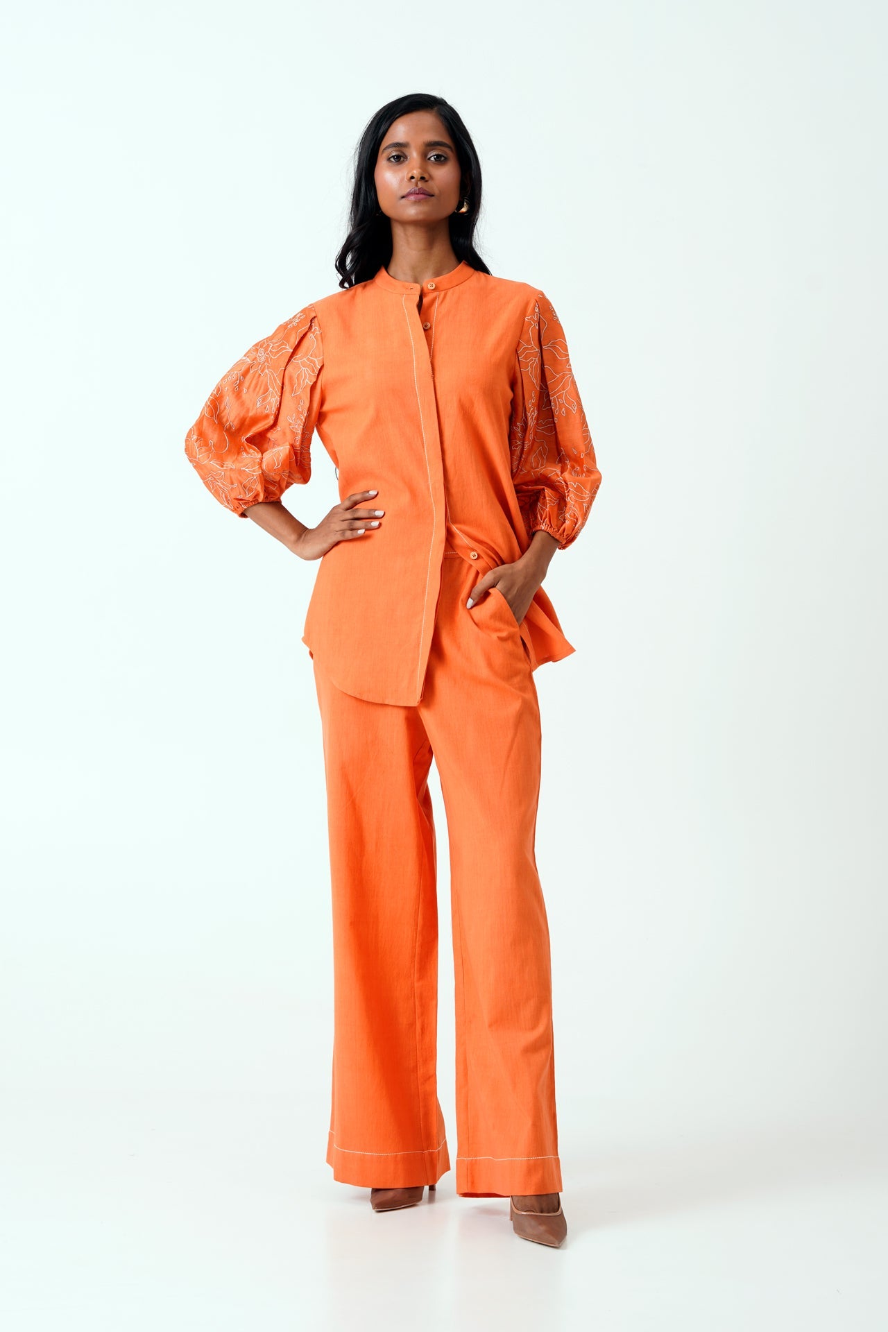 Sunset Orange Oba Set Embroidered Sleeve Top & Pants