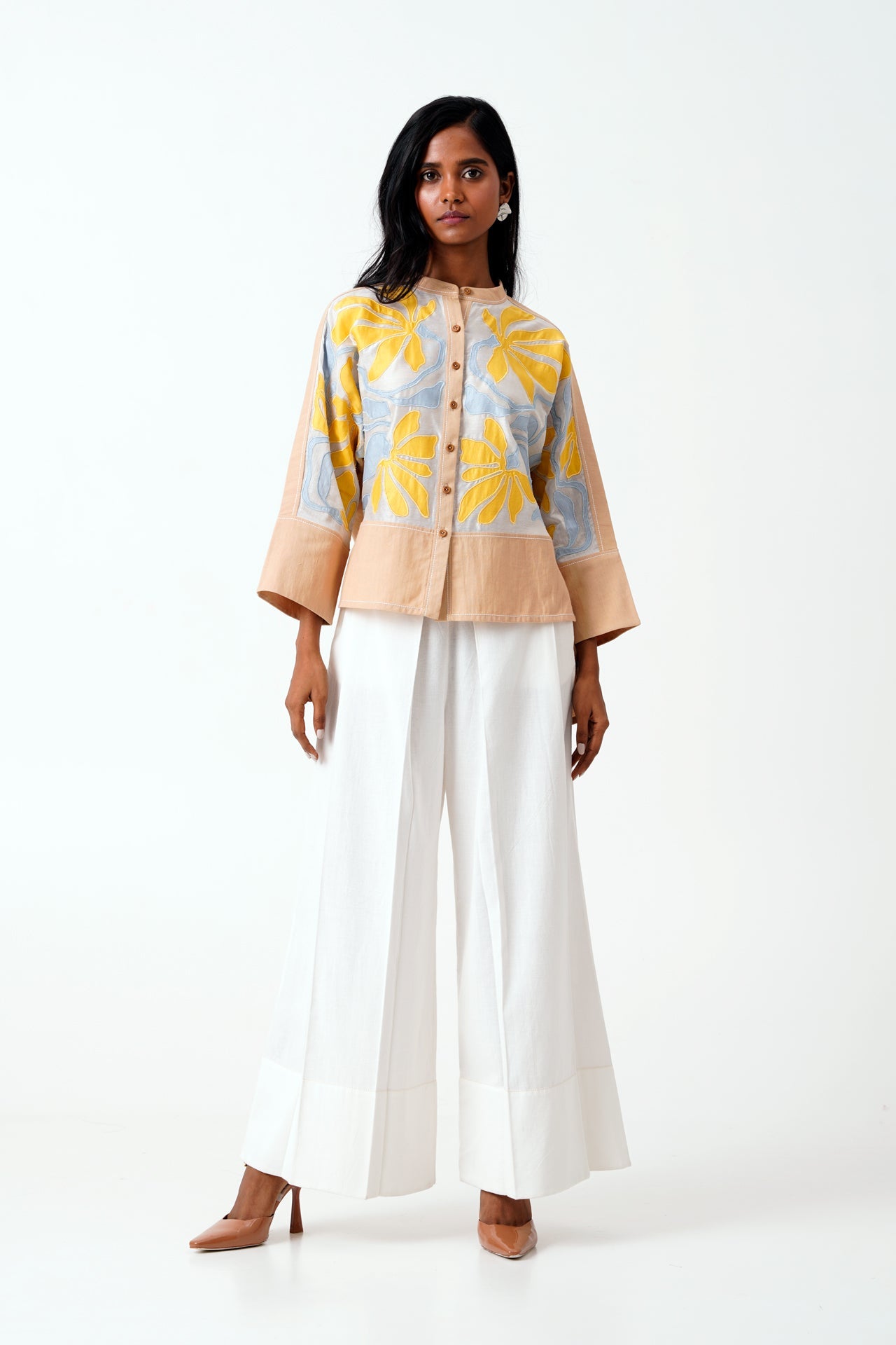 Bask & Pete Latte Panel Appliqued Top & White Pleated Pants