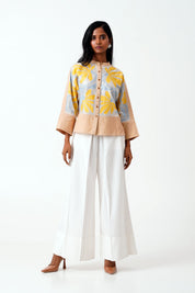Bask & Pete Latte Panel Appliqued Top & White Pleated Pants