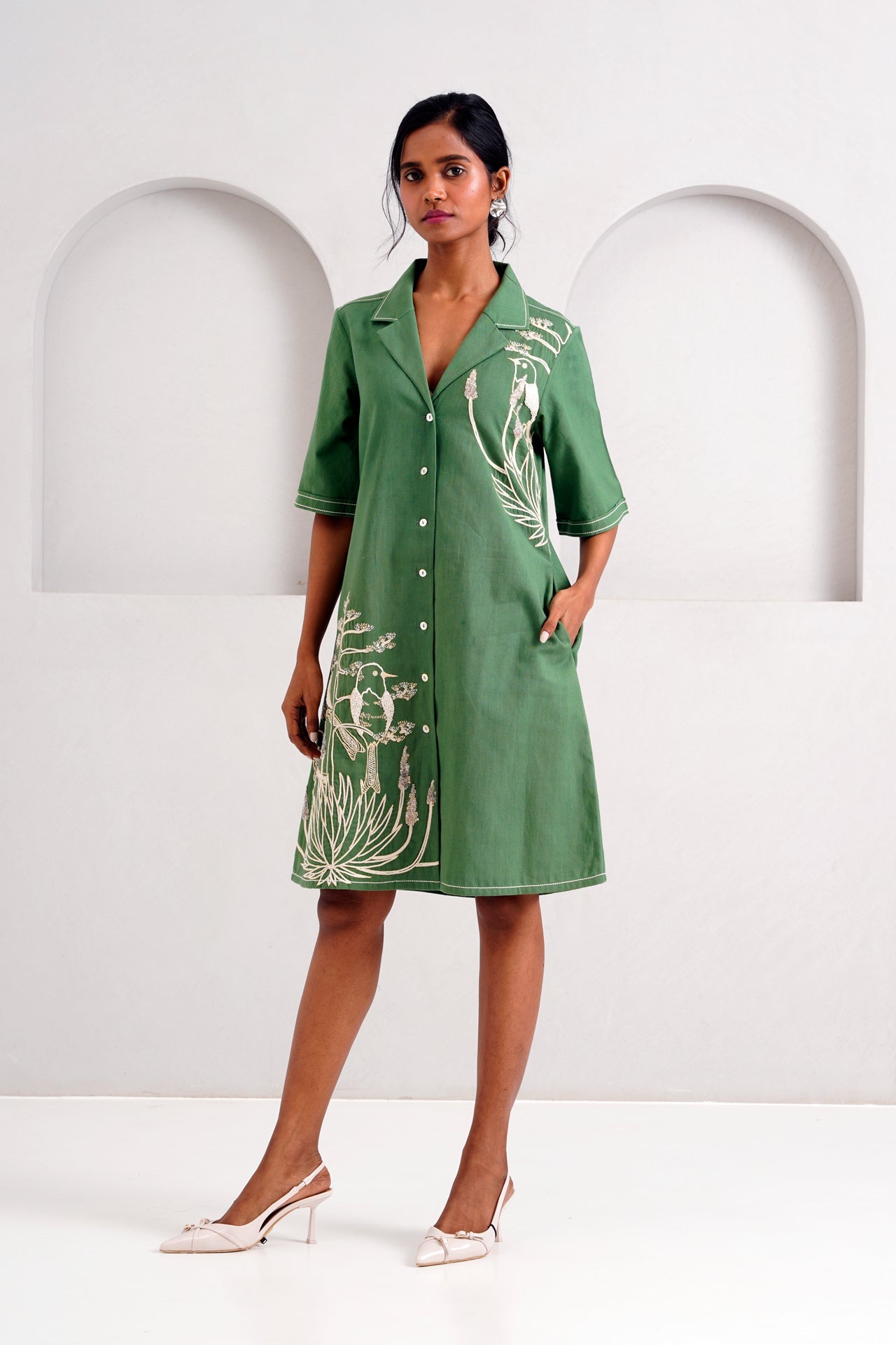 Pine Green Taiwo Embroidered Shirt Dress