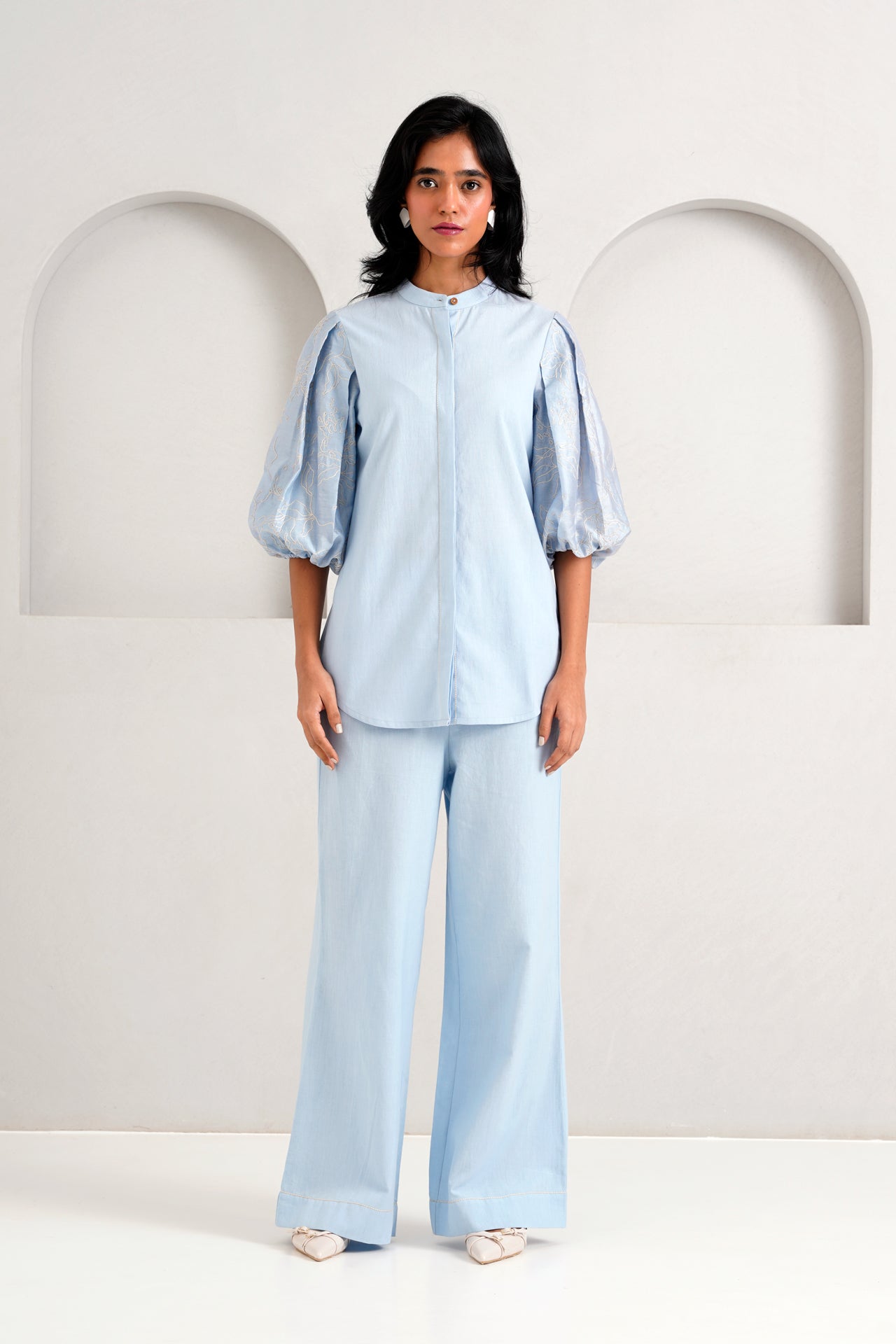 Ice Blue Oba Set Embroidered Sleeve Top & Pants