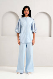 Ice Blue Oba Set Embroidered Sleeve Top & Pants