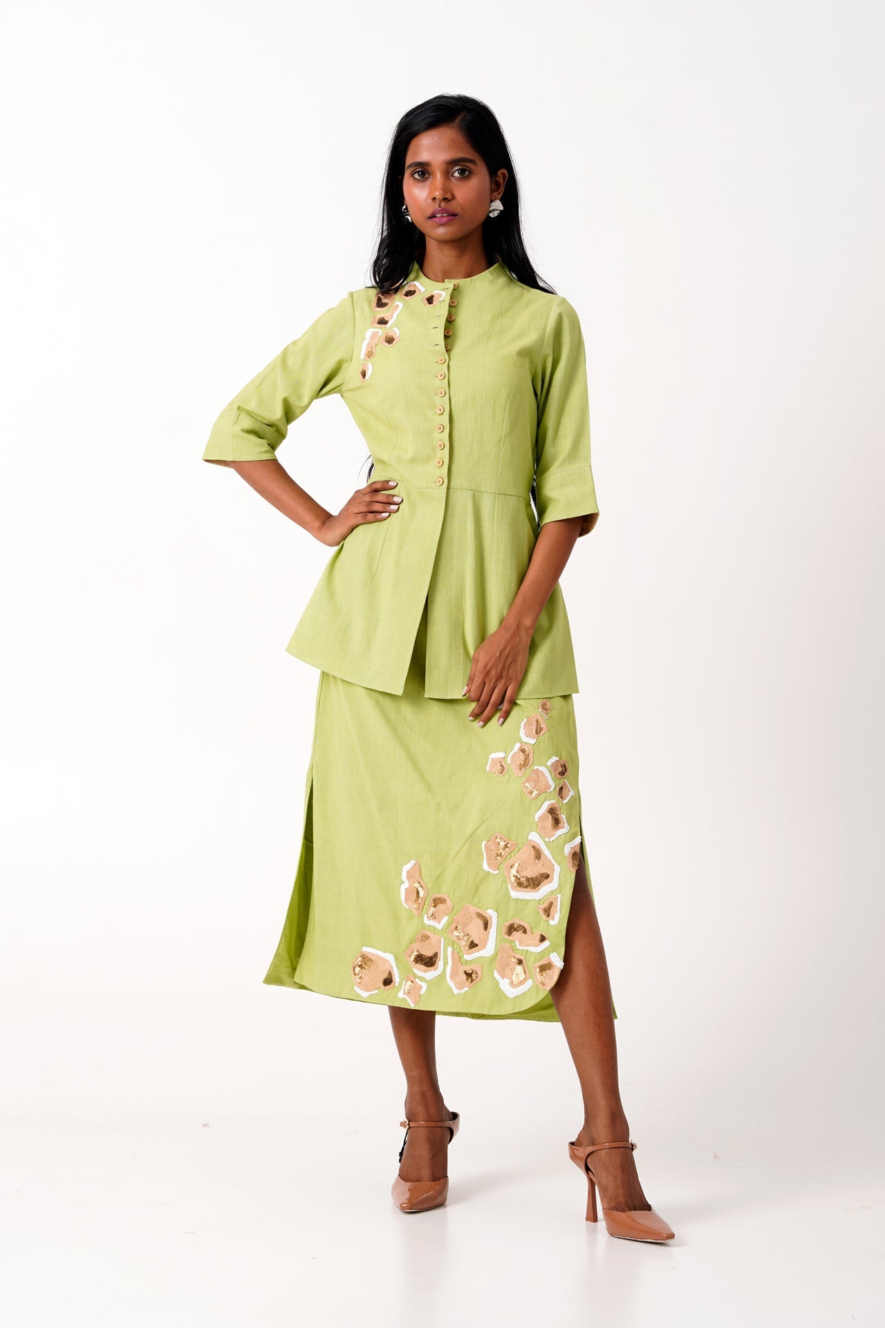 Spring Green Sierra Skirt Set  Peplum Top & Tapered Skirt