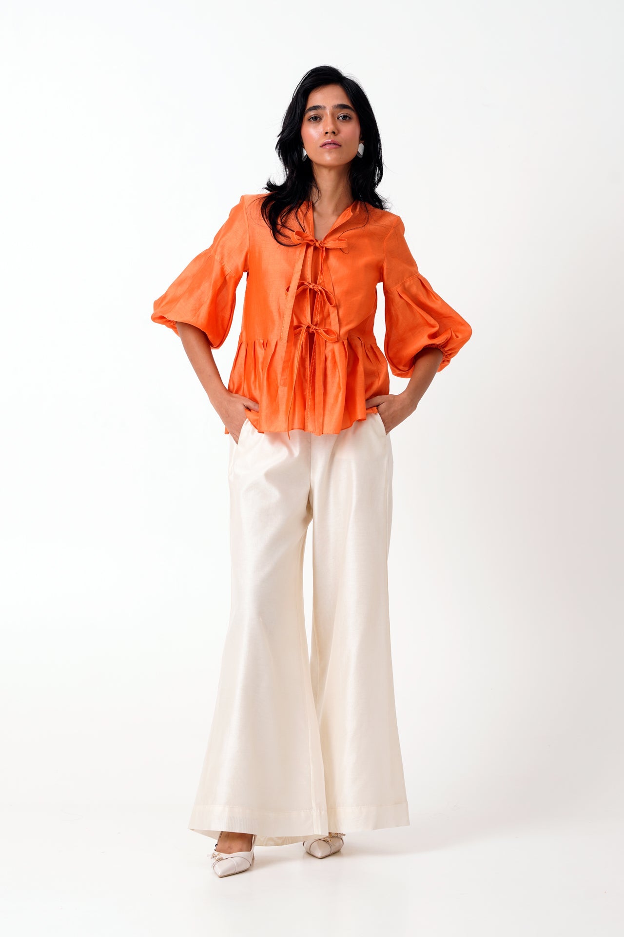 Sunset Orange Toni Set Multi Knot Peplum Top with Slip & Pants