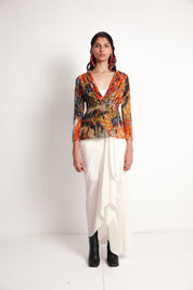 Flowers Long Jacket With Off White Drape Skirt