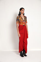 Flowers Jacket With Red Drape Skirt