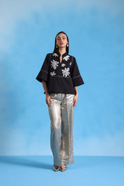 Starlit Noir Oversized Top with Shimmer Pants
