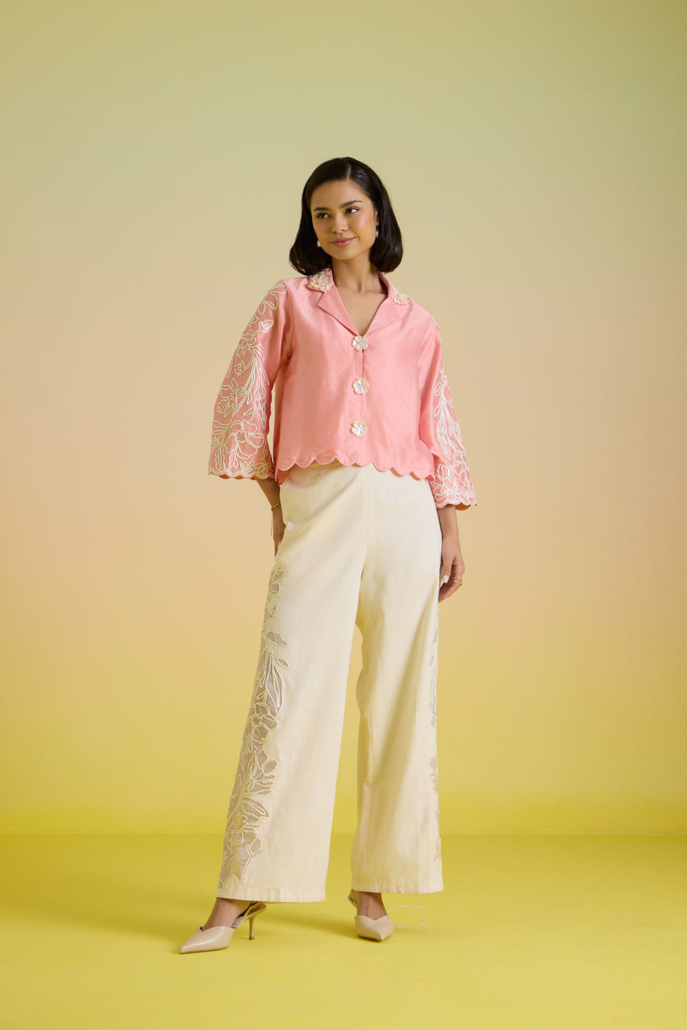 Ivory Embroidered Panelled Pants
