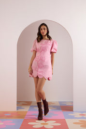 Sania Chadha in Coral Pink Scallop Dress