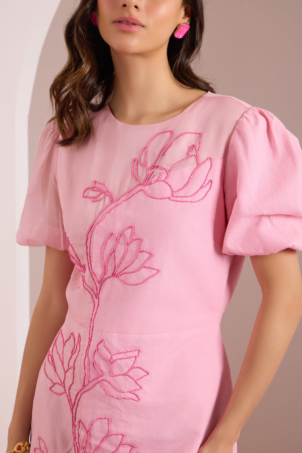 Sania Chadha in Coral Pink Scallop Dress