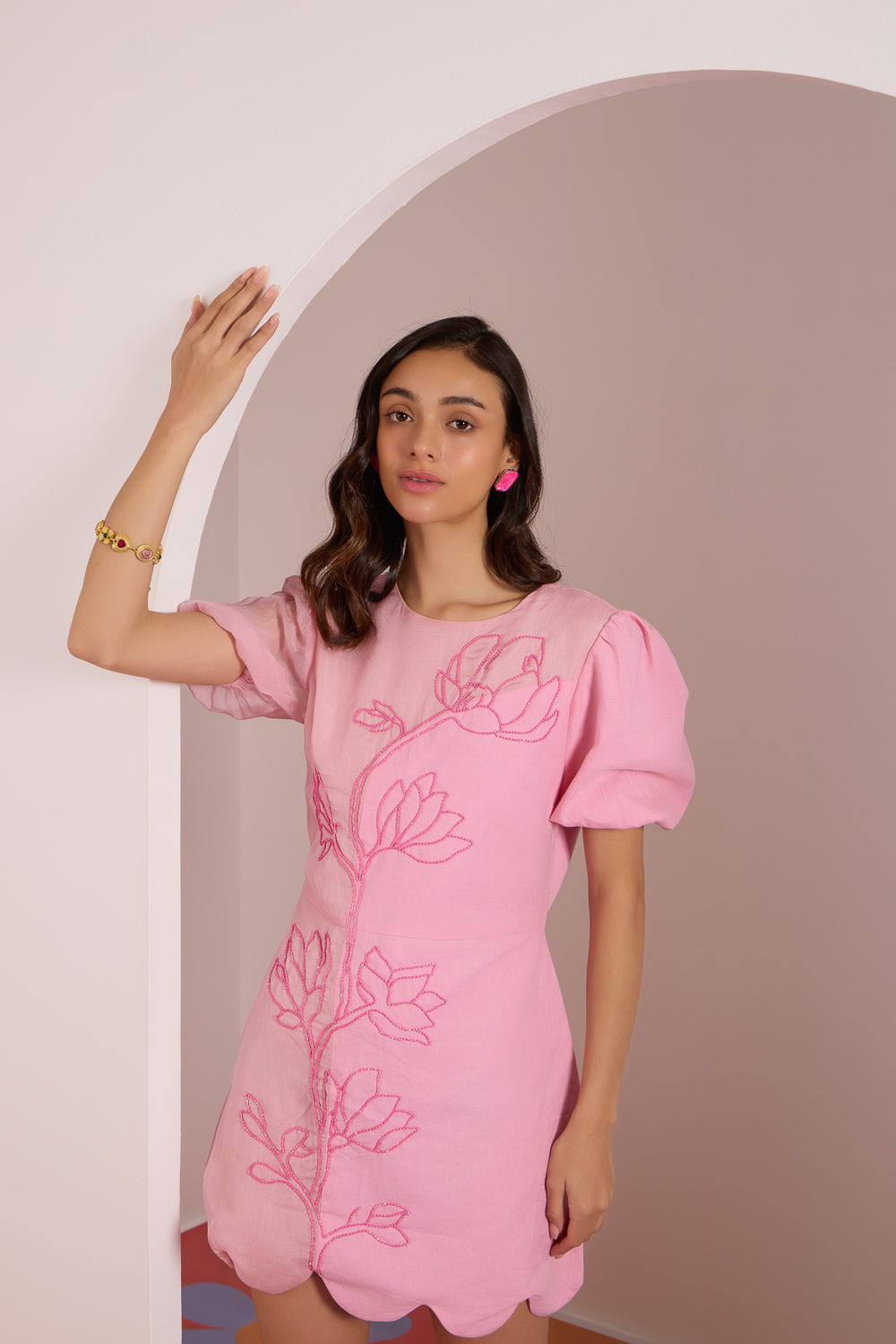 Sania Chadha in Coral Pink Scallop Dress