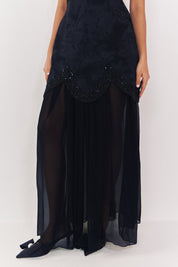 Midnight Jacquard Strapless Dress With Sheer Skirt
