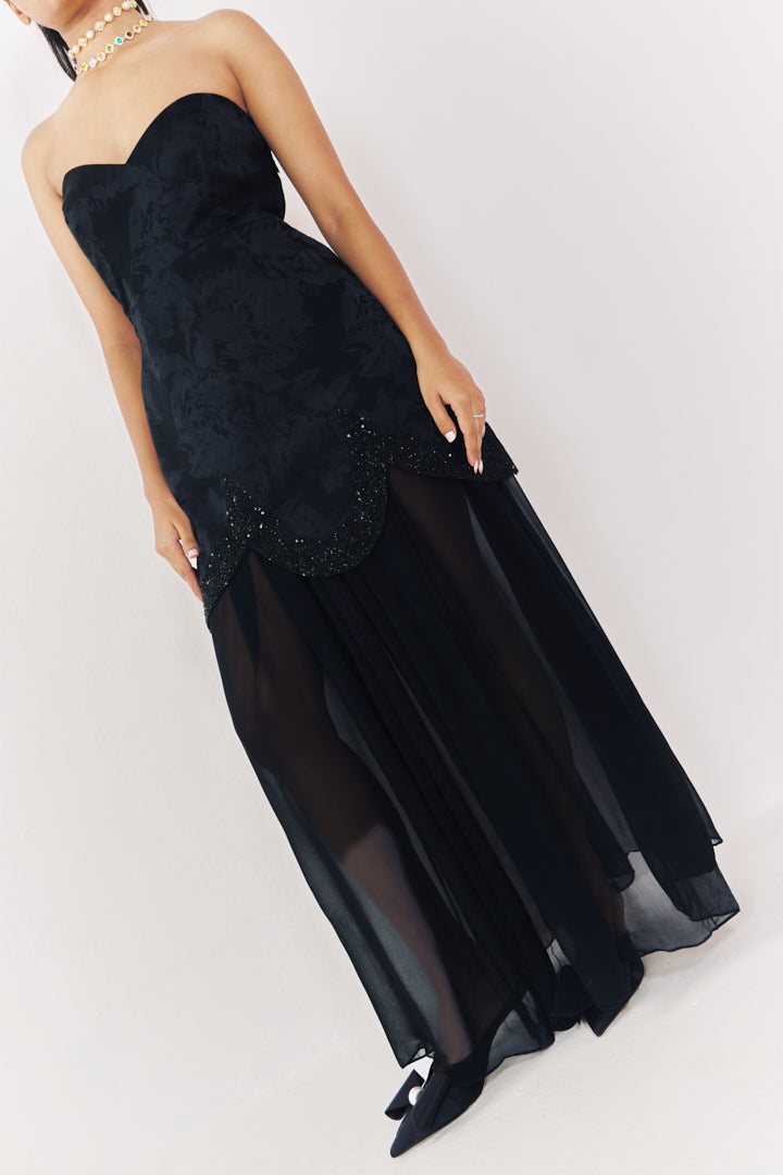 Midnight Jacquard Strapless Dress With Sheer Skirt