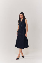 Midnight Jacquard Midi Dress With Leather Collar