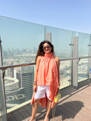 Peach Draped High Low Cotton Top With White Shorts set