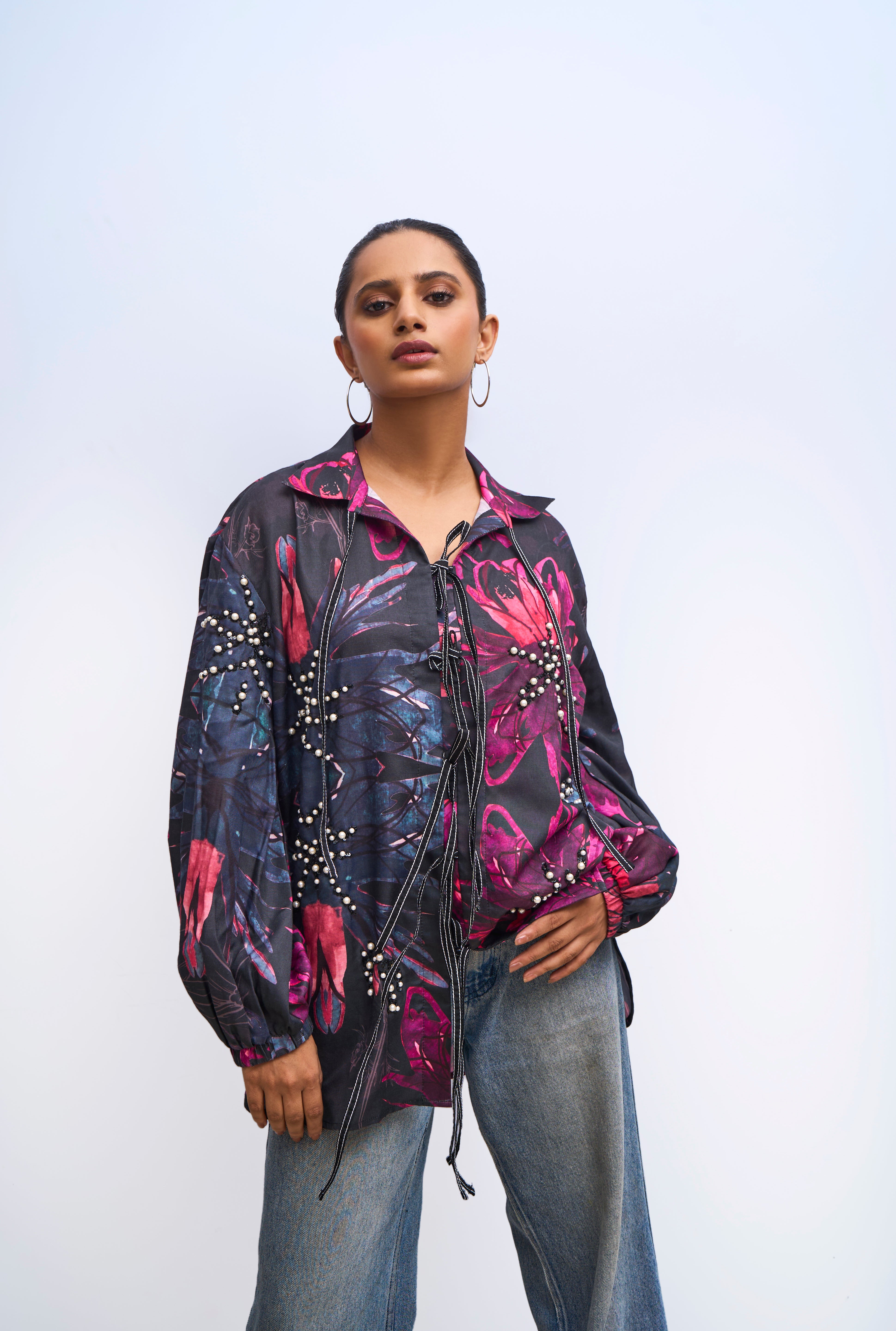 Black Floral Pearl String Shirt