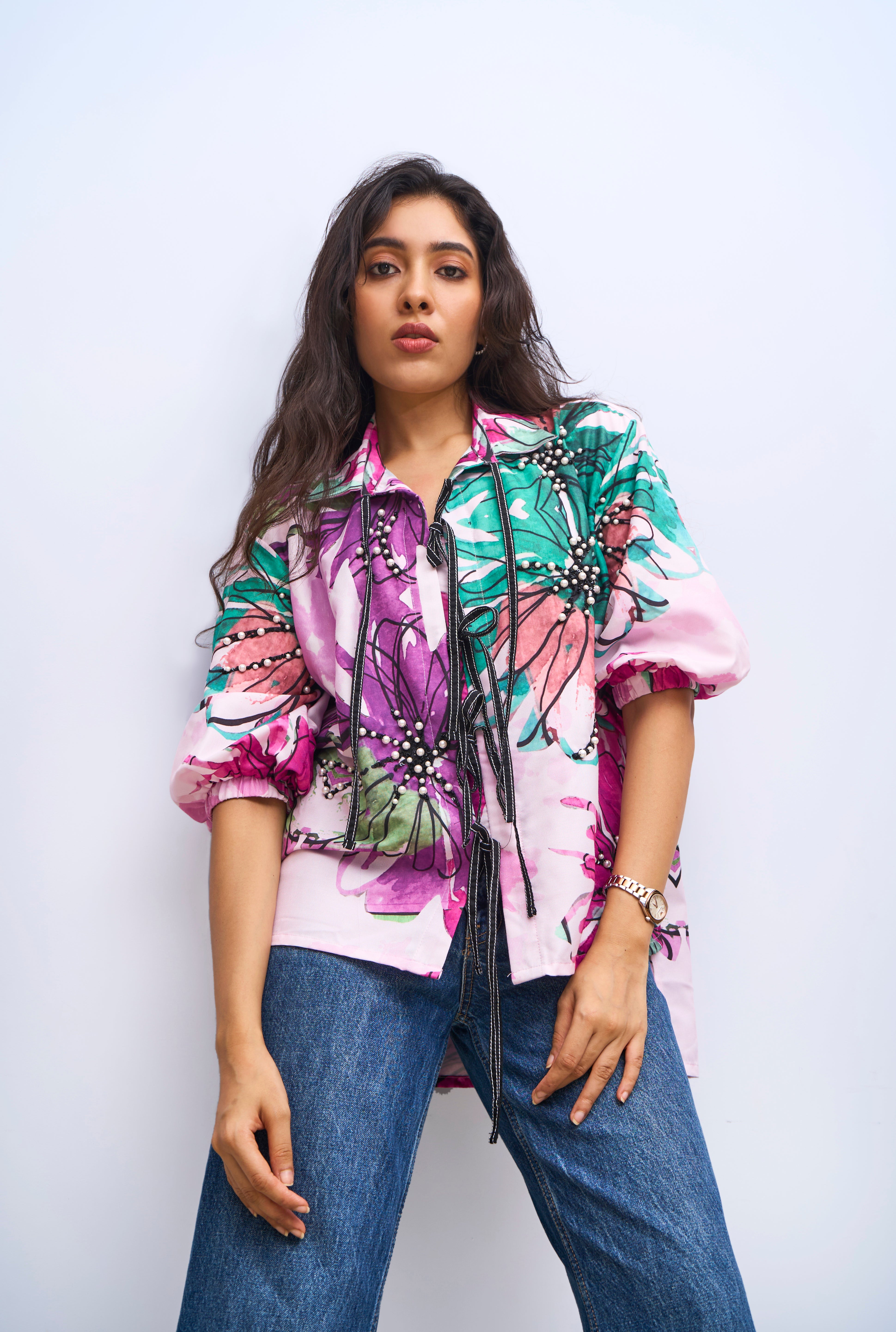 White & Pink Floral Pearl String Shirt