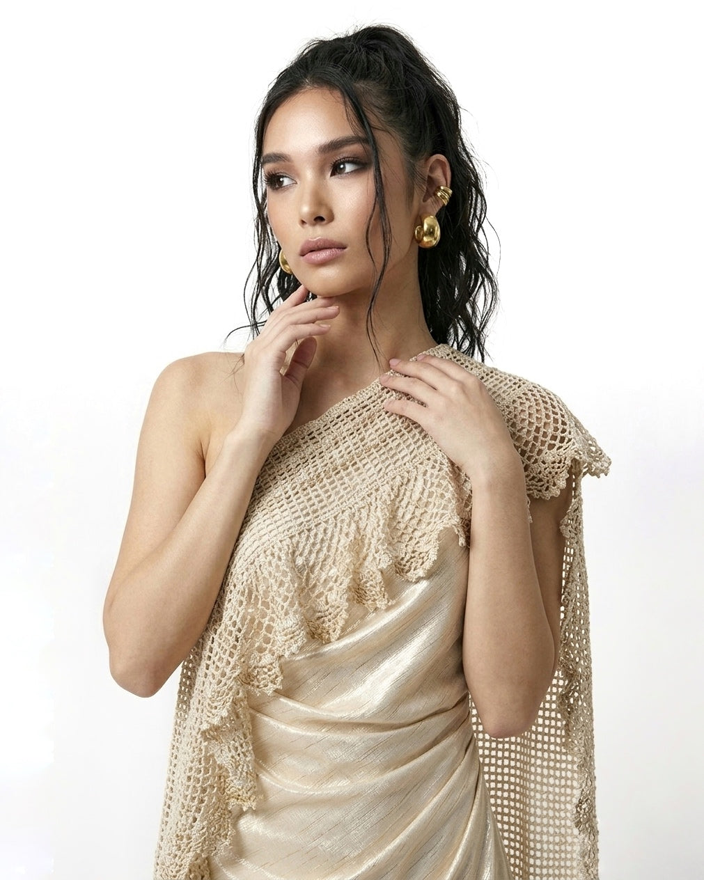 Astria Crochet One Shoulder Dress Cream