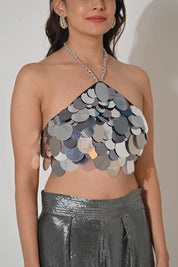 Isla Metallic Silver Sequin Halter Crop Top