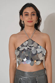 Isla Metallic Silver Sequin Halter Crop Top