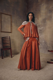 Ember Rust Metal Embroidered Cape Palazzo Set