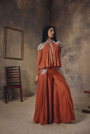 Ember Rust Metal Embroidered Cape Palazzo Set