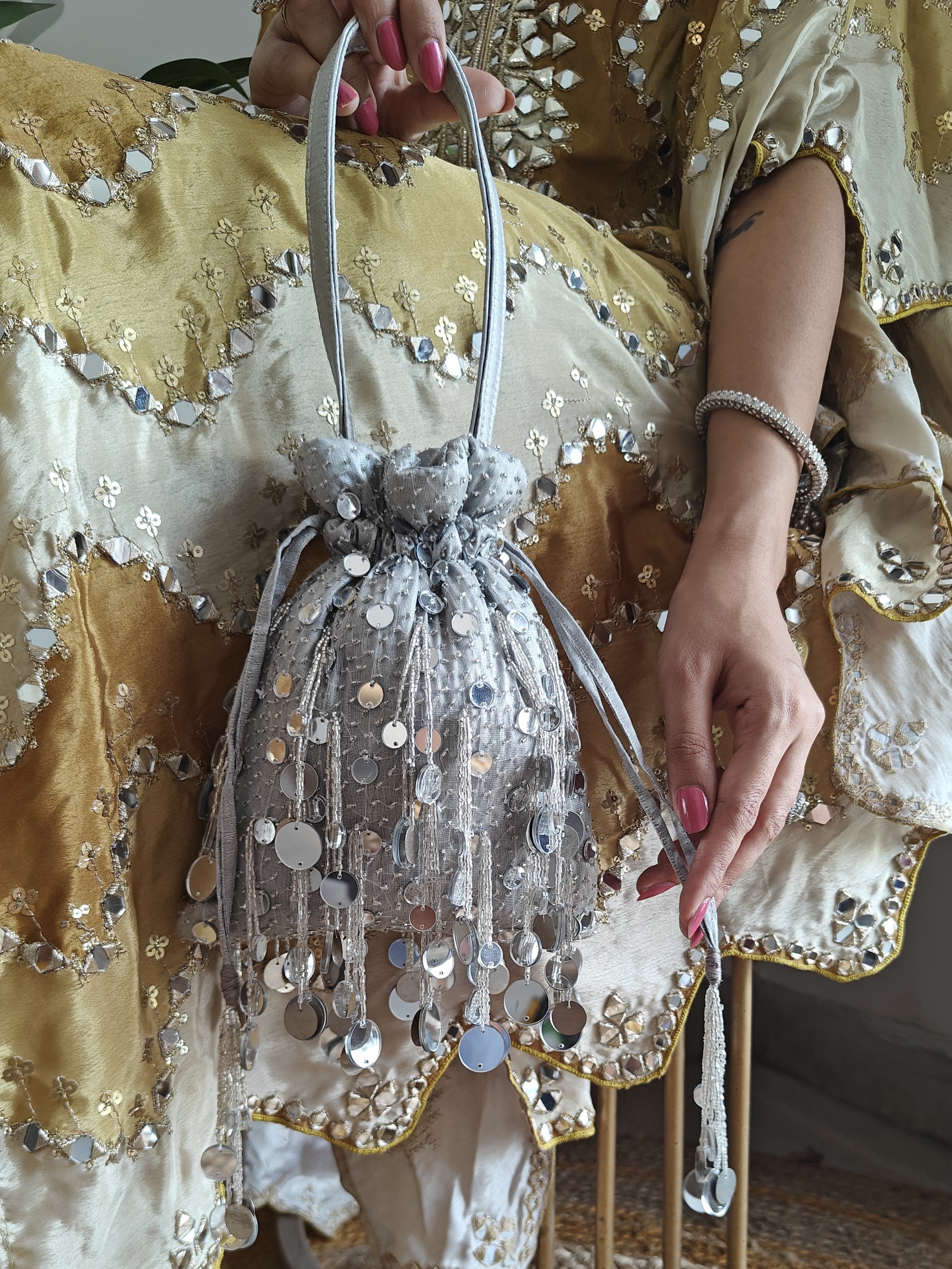 Silver Mirror Potli Bag