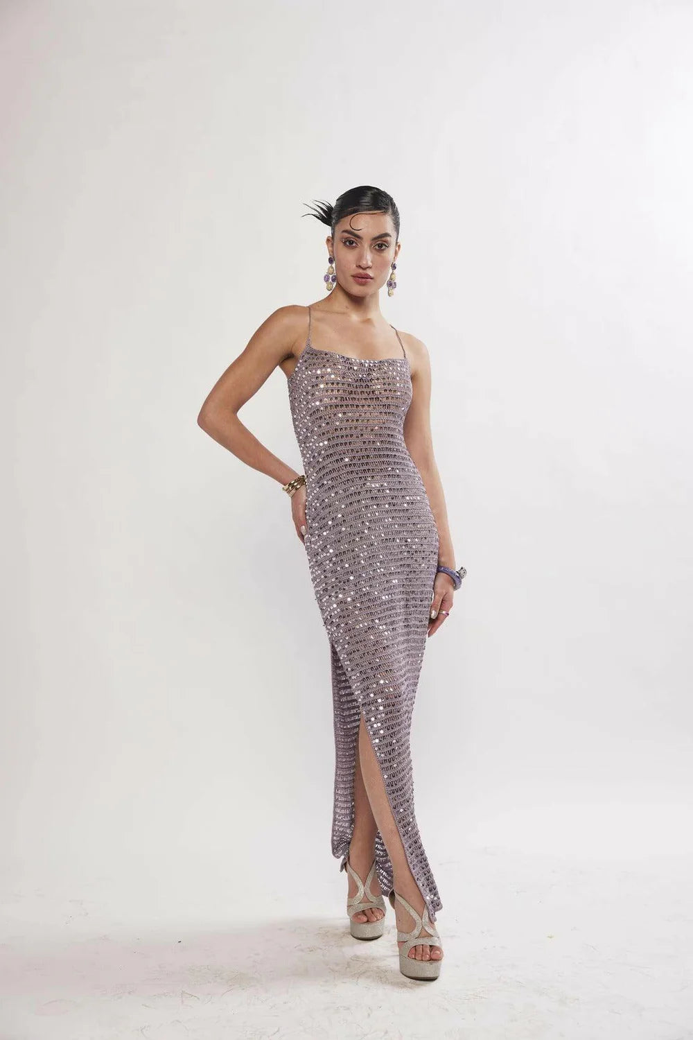 Kai Lilac Silver Sequin Crochet Maxi Dress