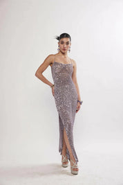 Kai Lilac Silver Sequin Crochet Maxi Dress