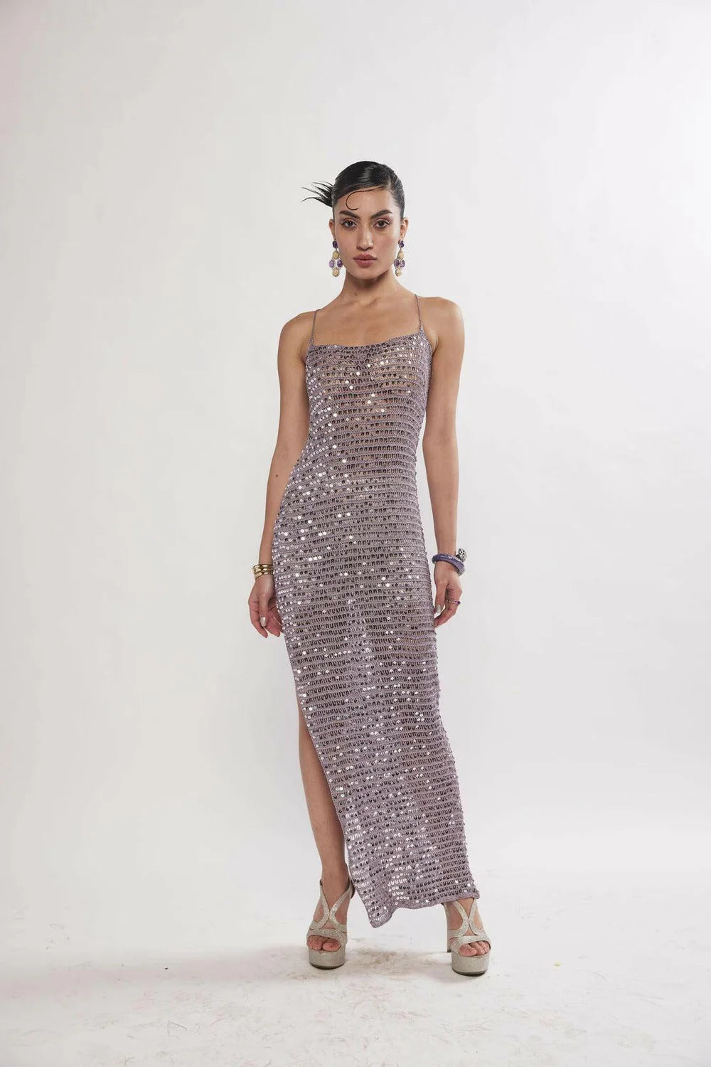 Kai Lilac Silver Sequin Crochet Maxi Dress