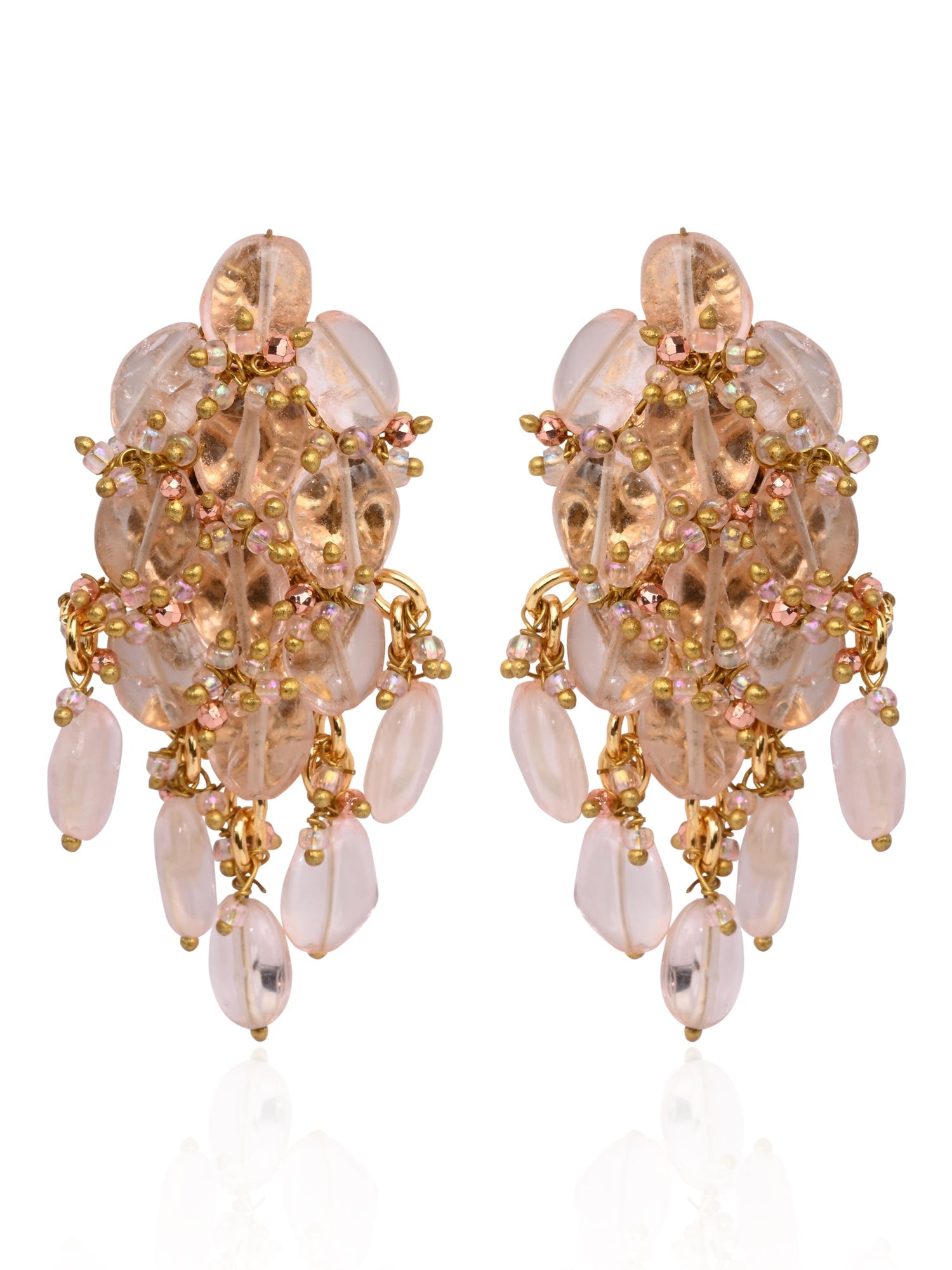 Peach Stone Oval Shape Earrings With Pink Crystal