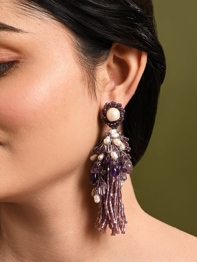 Luxury Wine And Pearl Long Earrings