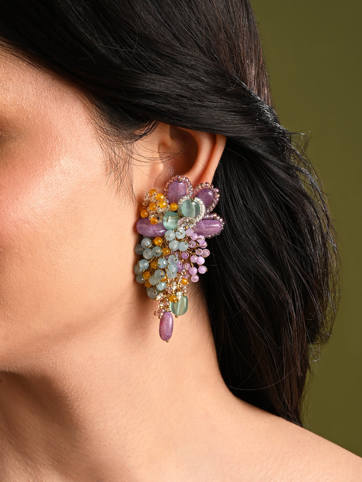 Gold Plated Colourful Stone Long Earrings