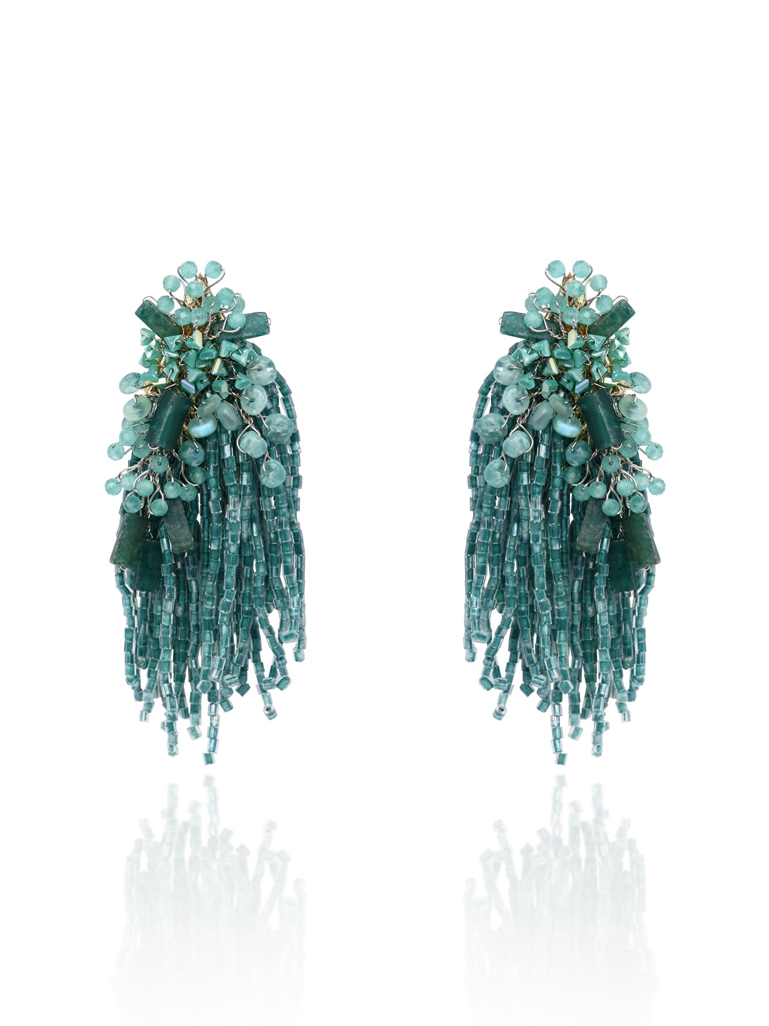 Gold Plated Emerald Green Long Tassel Earrings