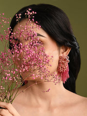Cherry Red Long Earrings With C Rystal Hangings