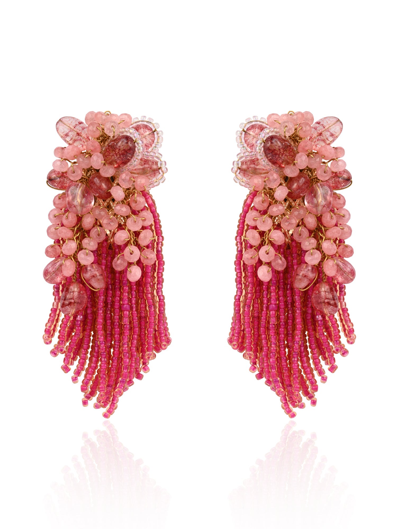Cherry Red Long Earrings With C Rystal Hangings